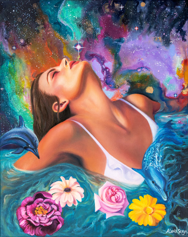 Art by Alexis Steyn Cosmic background with girl floating in water with flowers and dolphins