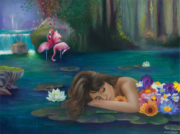 A Young lady lays on a bed of water lilies and flowers on a lake with lush forests and waterfalls in the background