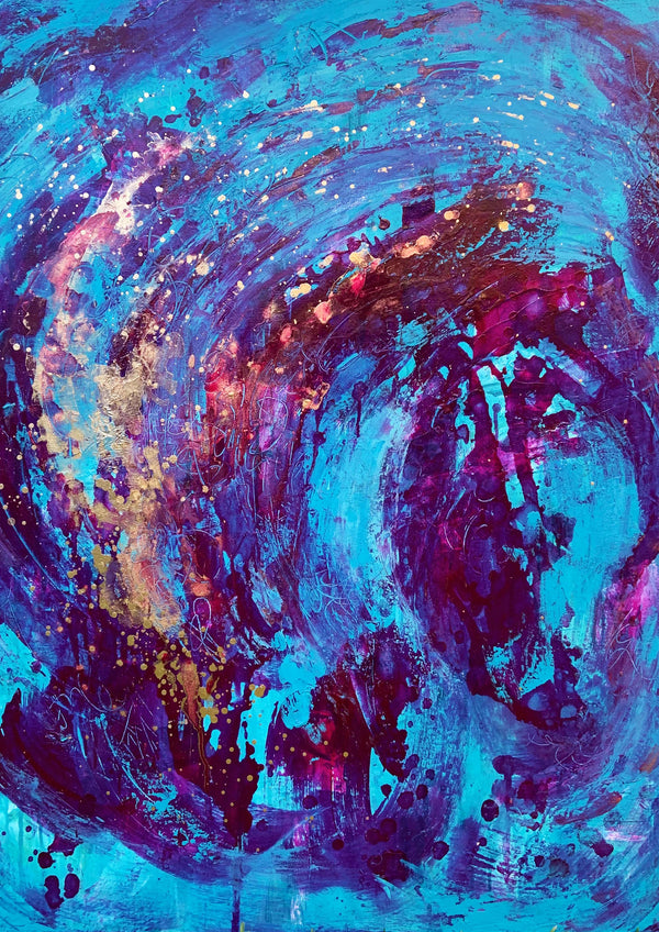 Abstract artwork with turquoise cold wax, plum gloss paint and gold pigment
